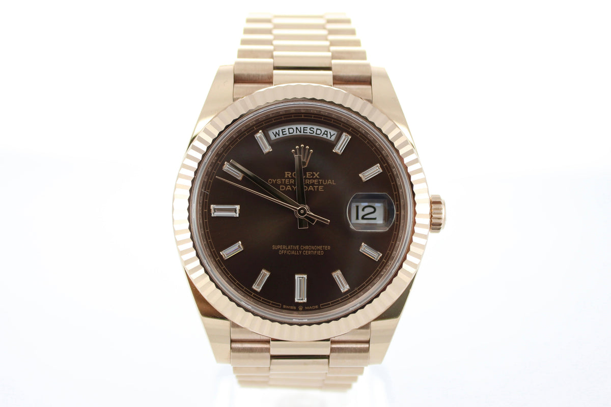 2021 Rolex Day-Date Chocolate Diamond Baguette 18K Rose Gold 228235 40mm Presidential Watch SKU: JVIIMK0826042