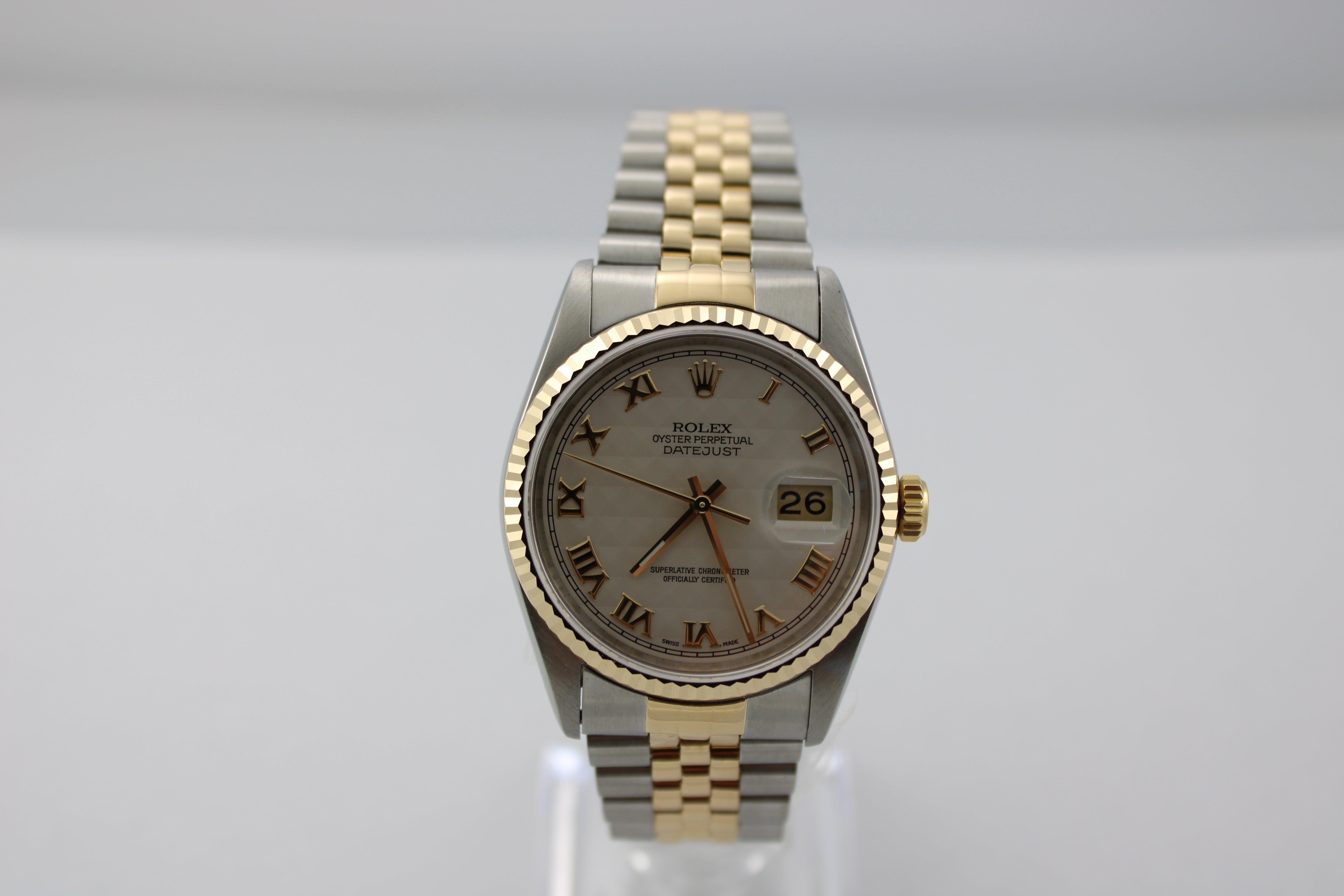 1995 Rolex Datejust White Pyramid Two-Tone 16233 36mm Jubilee Watch With Box and RSC SKU: JMMGG0426235