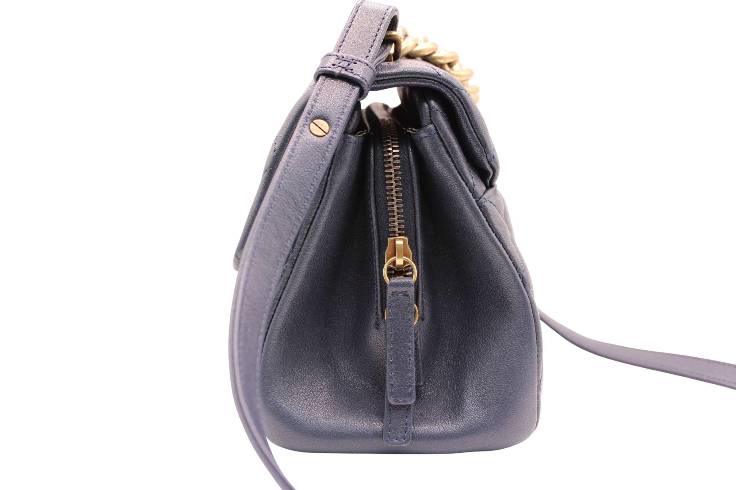 Chanel Small Trapezio Flap Bag Lambskin Quilted Navy Blue Gold Chain With Removable Crossbody Strap