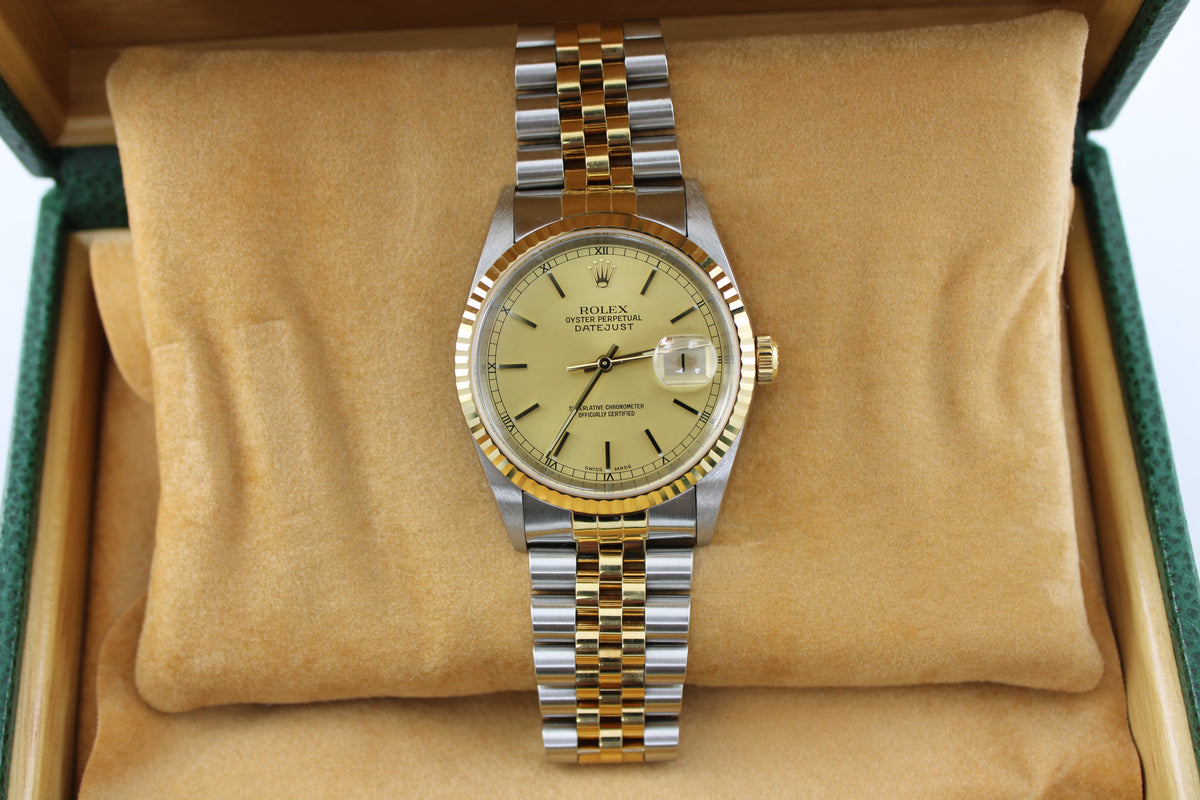 UNPOLISHED 2001 Rolex Datejust Champagne Two-Tone 16233 36mm Jubilee Watch With Box and Papers SKU: JMAGG0926696