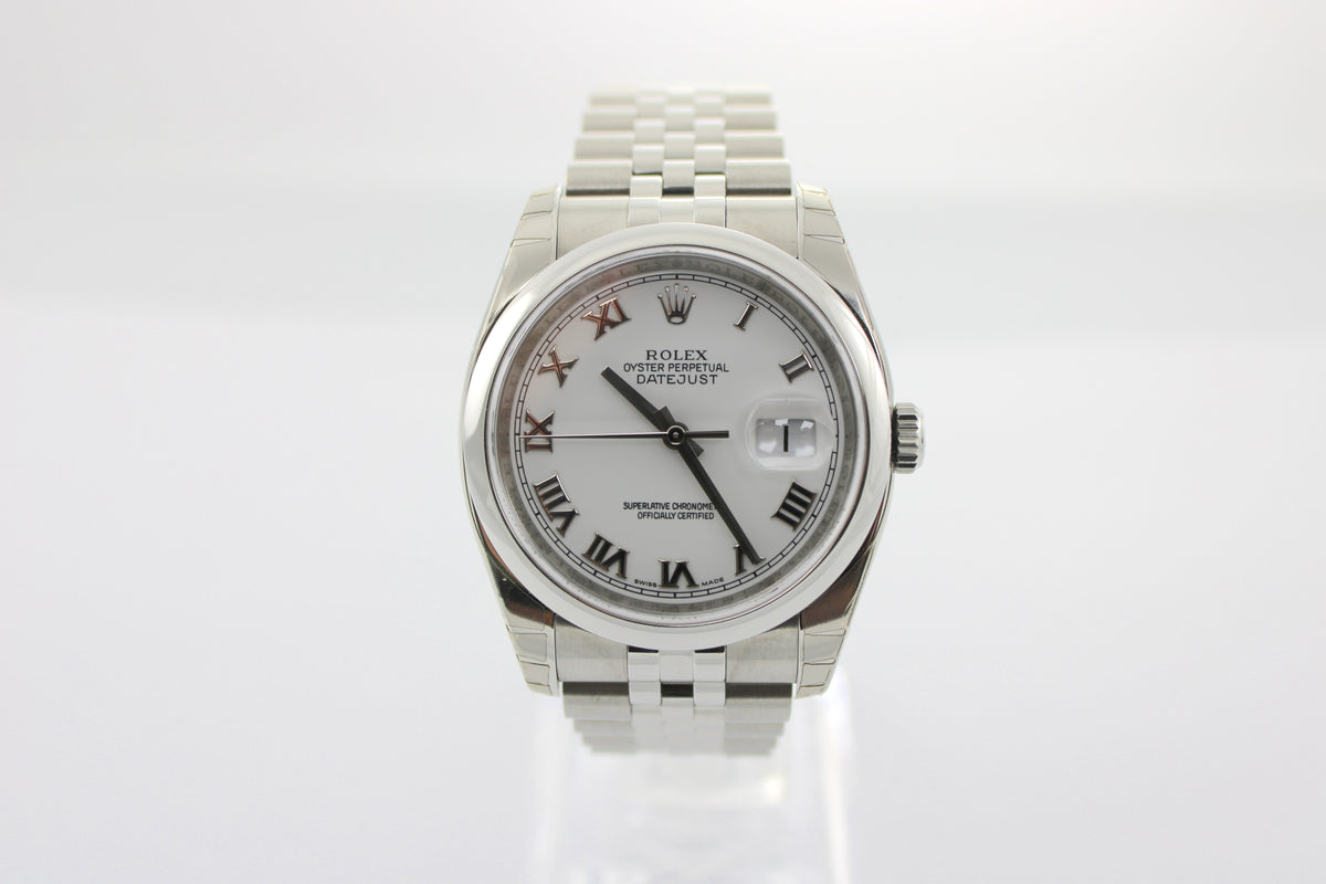 NOS STICKERED 2009 Rolex Datejust White Roman 116200 36mm Super Jubilee Watch With Box and Papers SKU: JMNGG0926587