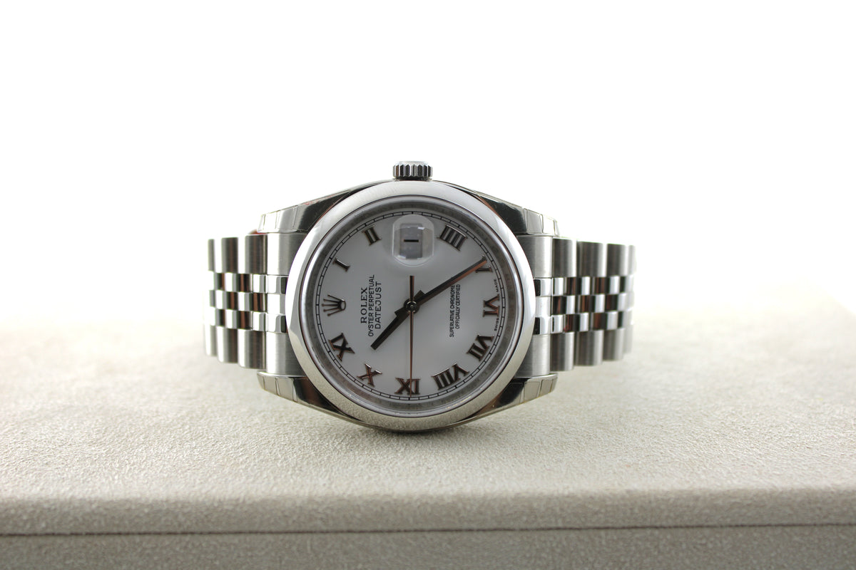 NOS STICKERED 2009 Rolex Datejust White Roman 116200 36mm Super Jubilee Watch With Box and Papers SKU: JMNGG0926587