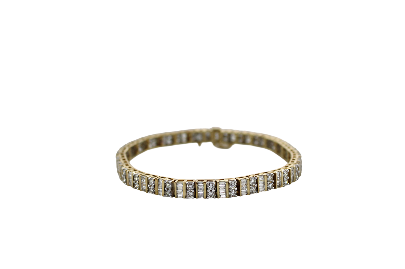 14K Yellow Gold Baguette/Round Diamond 7 Inch Bracelet 17.1 Grams
