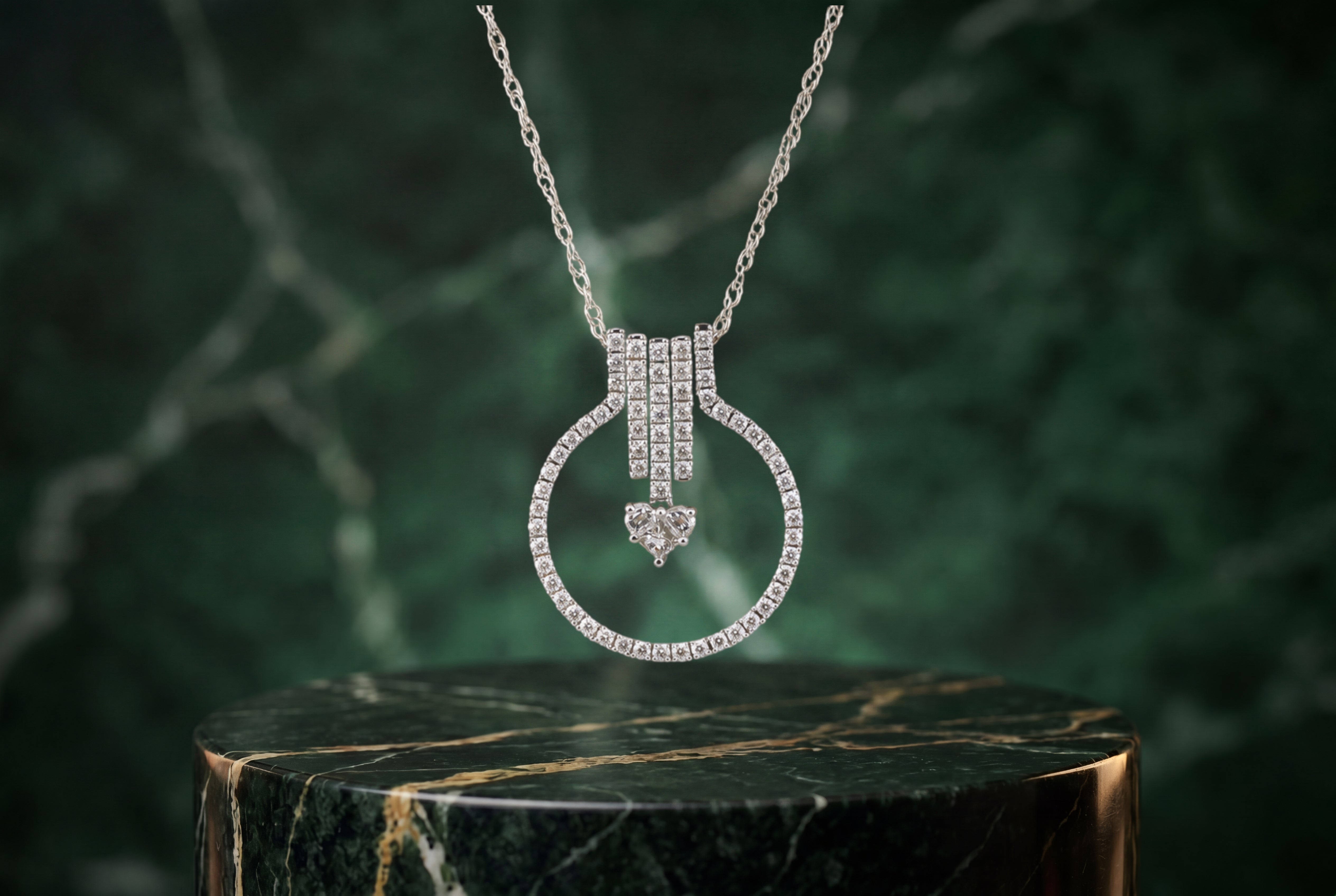 18K White Gold 4-Piece Diamond Heart Pendant 18 Inch Necklace 5.4 Grams