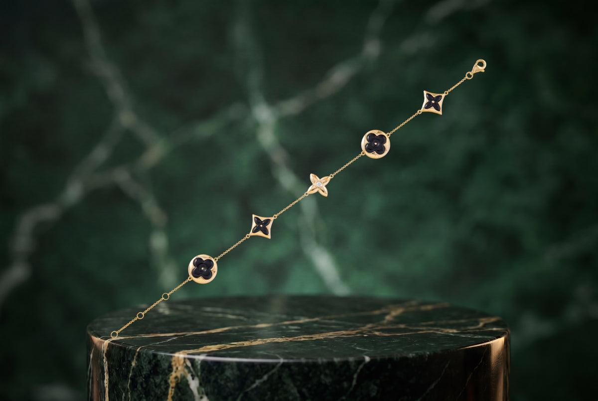 0.06 Carat Diamond 4 Station Black Onyx 14K Yellow Gold Bracelet