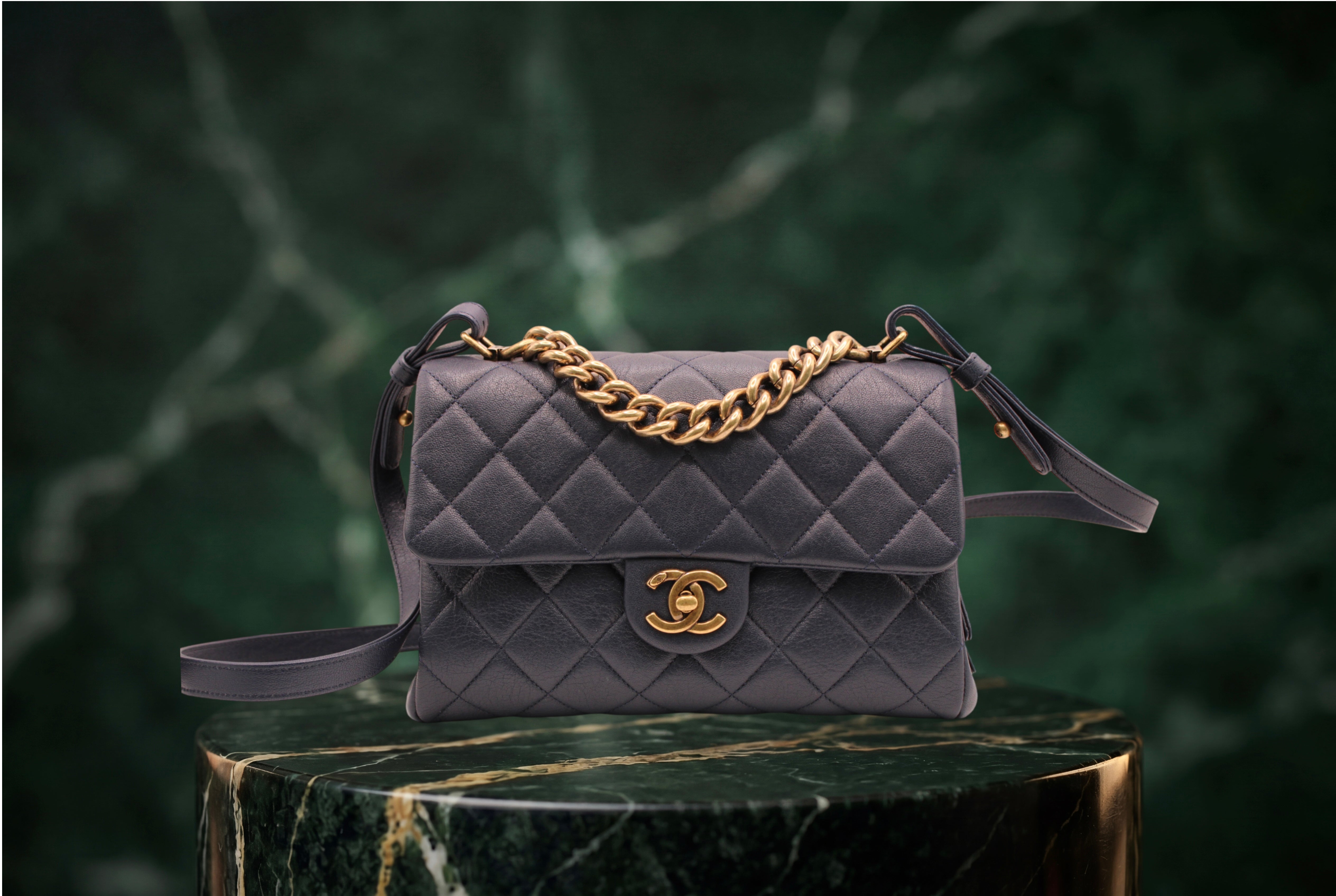 Chanel Small Trapezio Flap Bag Lambskin Quilted Navy Blue Gold Chain With Removable Crossbody Strap