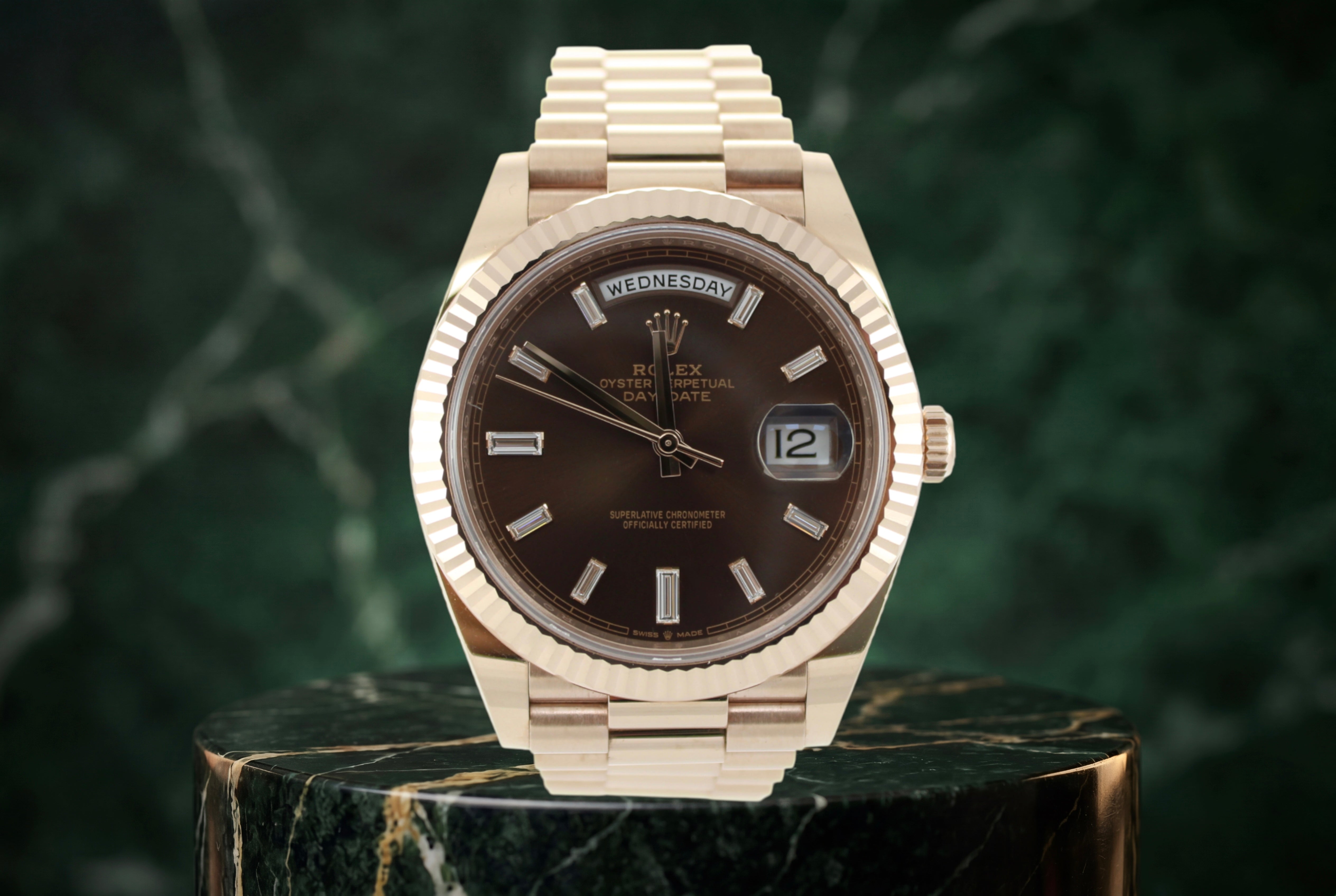 2021 Rolex Day-Date Chocolate Diamond Baguette 18K Rose Gold 228235 40mm Presidential Watch  SKU: JVIIMK0826042