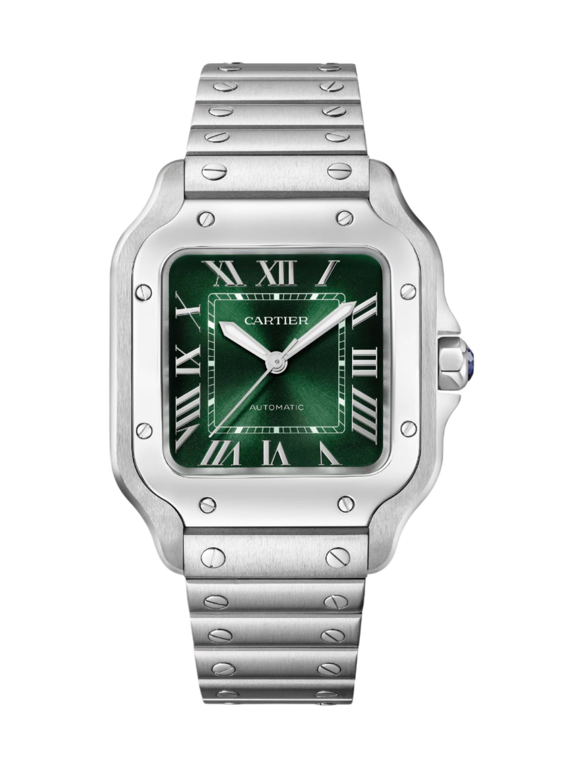 NEW STICKERED OCTOBER 2025 Cartier Santos Medium Green Stainless Steel  WSSA0061 35MM Watch With Box and Papers  SKU: JAGGG04264FY