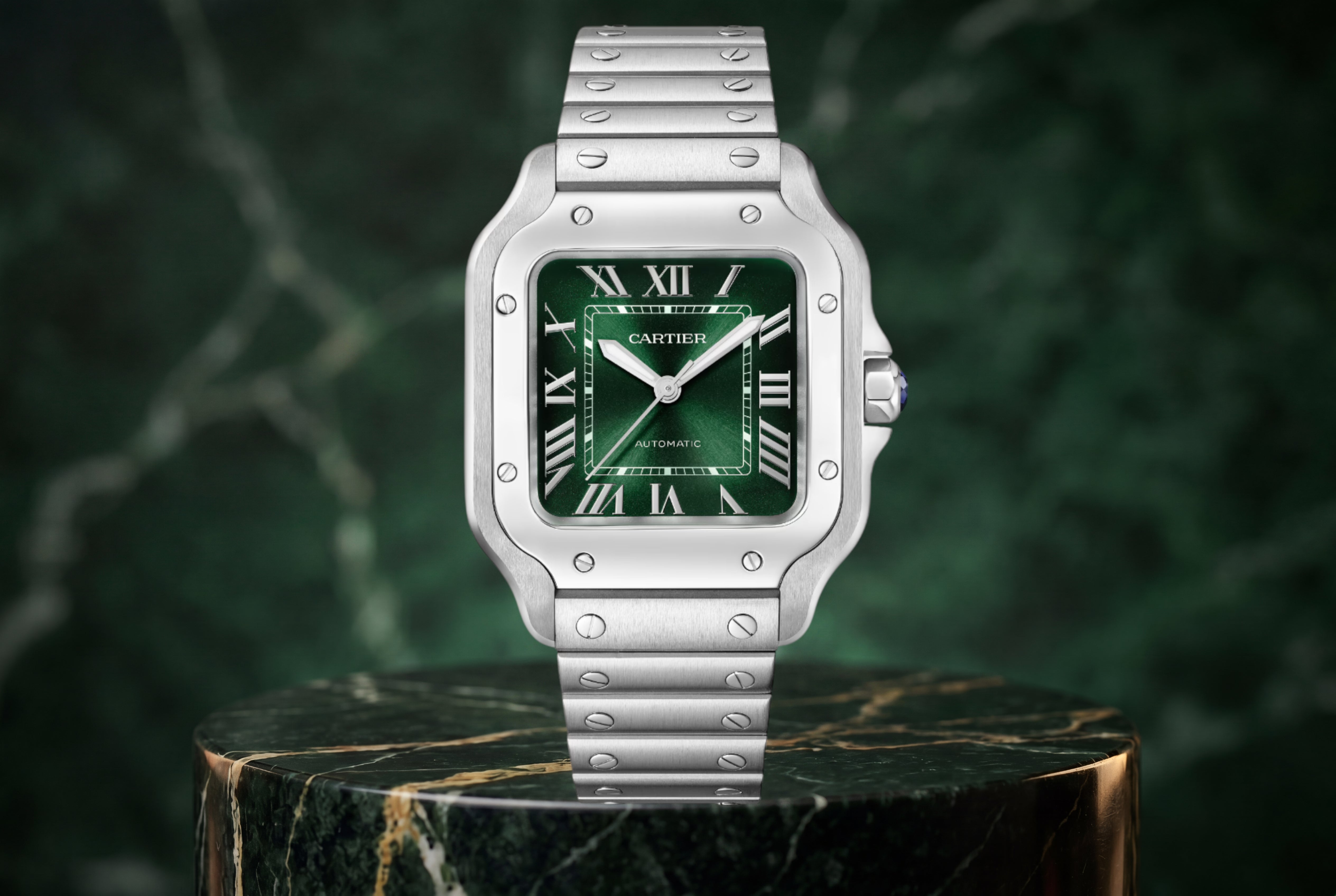NEW STICKERED OCTOBER 2025 Cartier Santos Medium Green Stainless Steel  WSSA0061 35MM Watch With Box and Papers  SKU: JAGGG04264FY