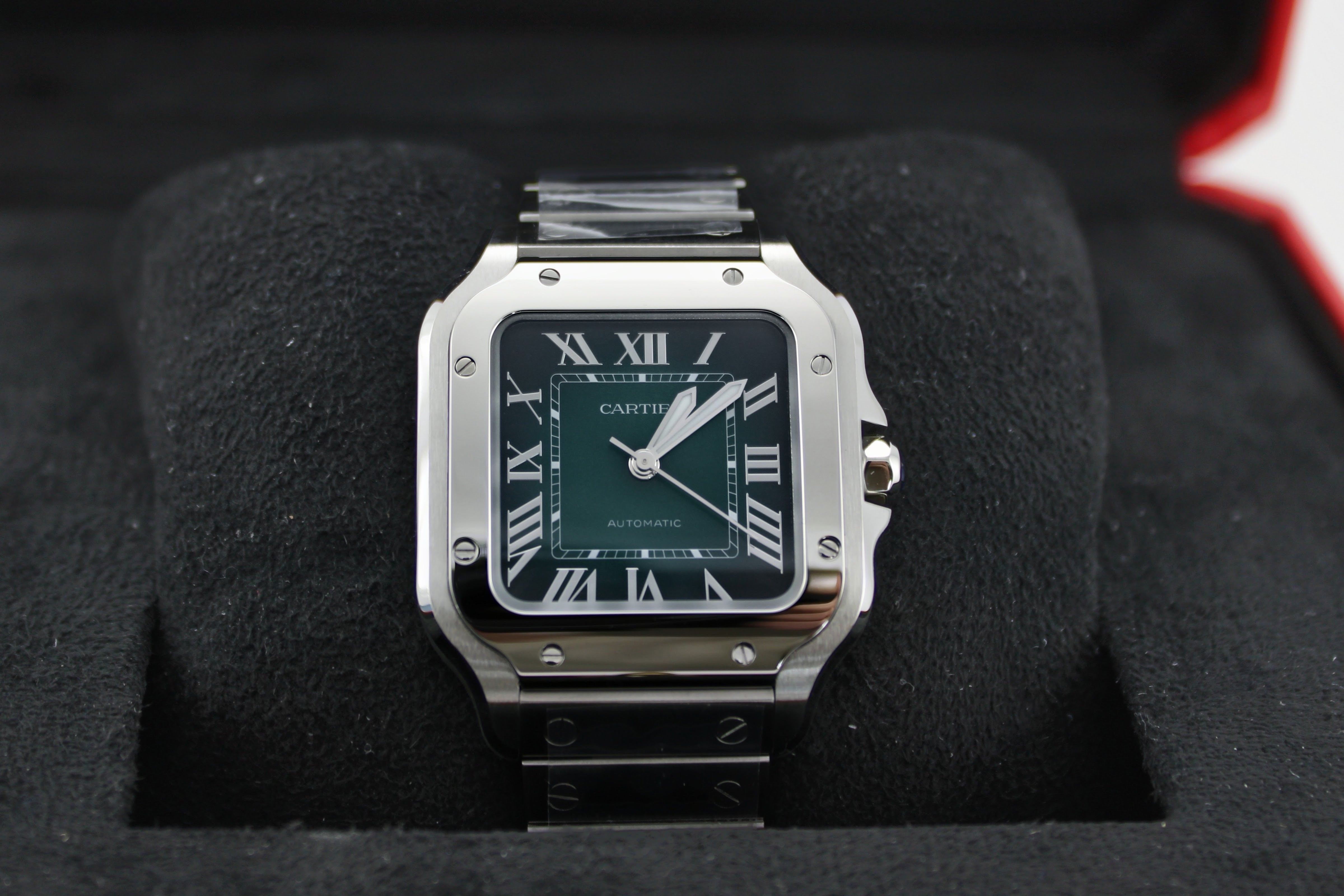 NEW STICKERED OCTOBER 2025 Cartier Santos Medium Green Stainless Steel  WSSA0061 35MM Watch With Box and Papers  SKU: JAGGG04264FY