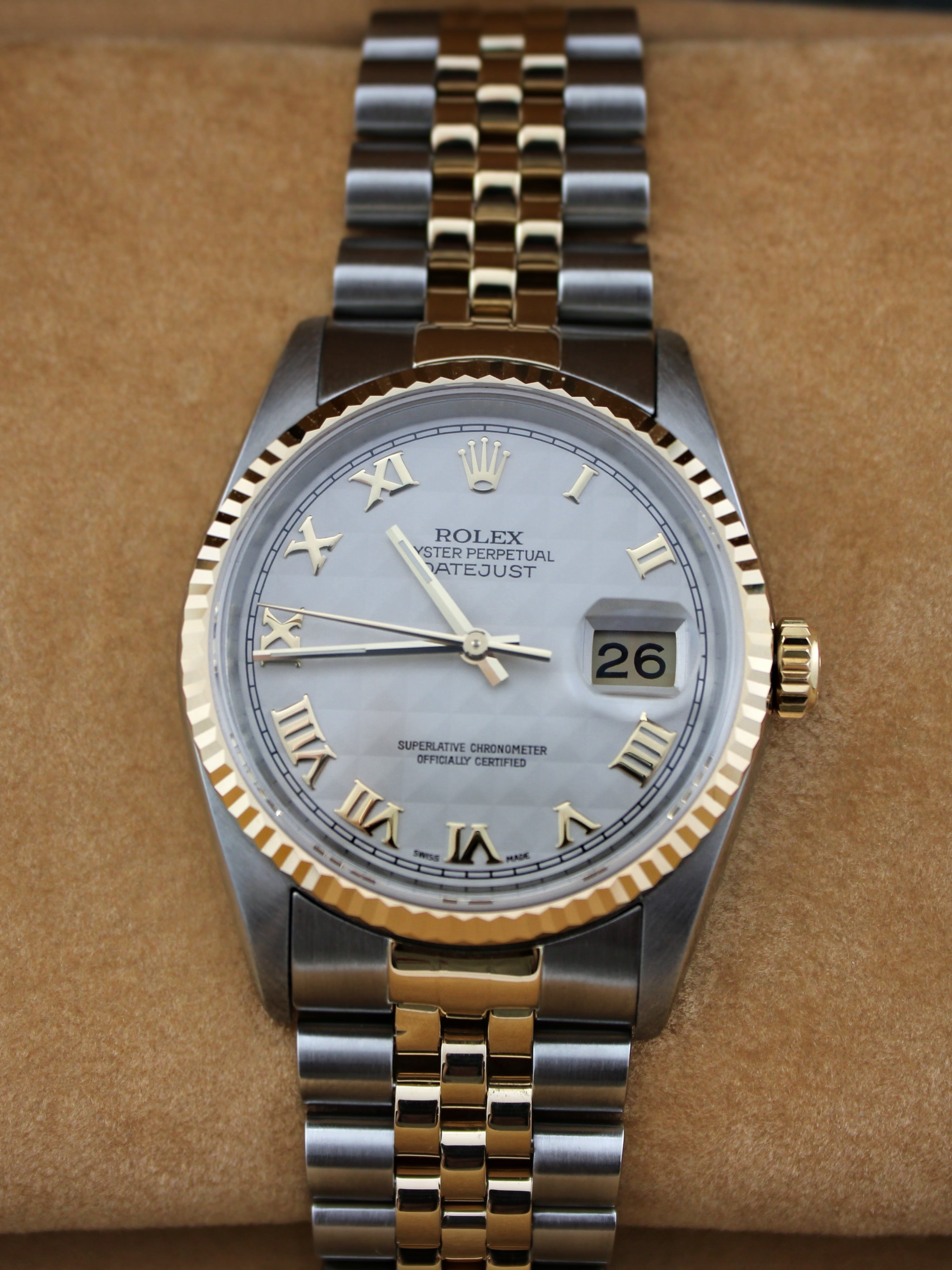 1995 Rolex Datejust White Pyramid Two-Tone 16233 36mm Jubilee Watch With Box and RSC SKU: JMMGG0426235
