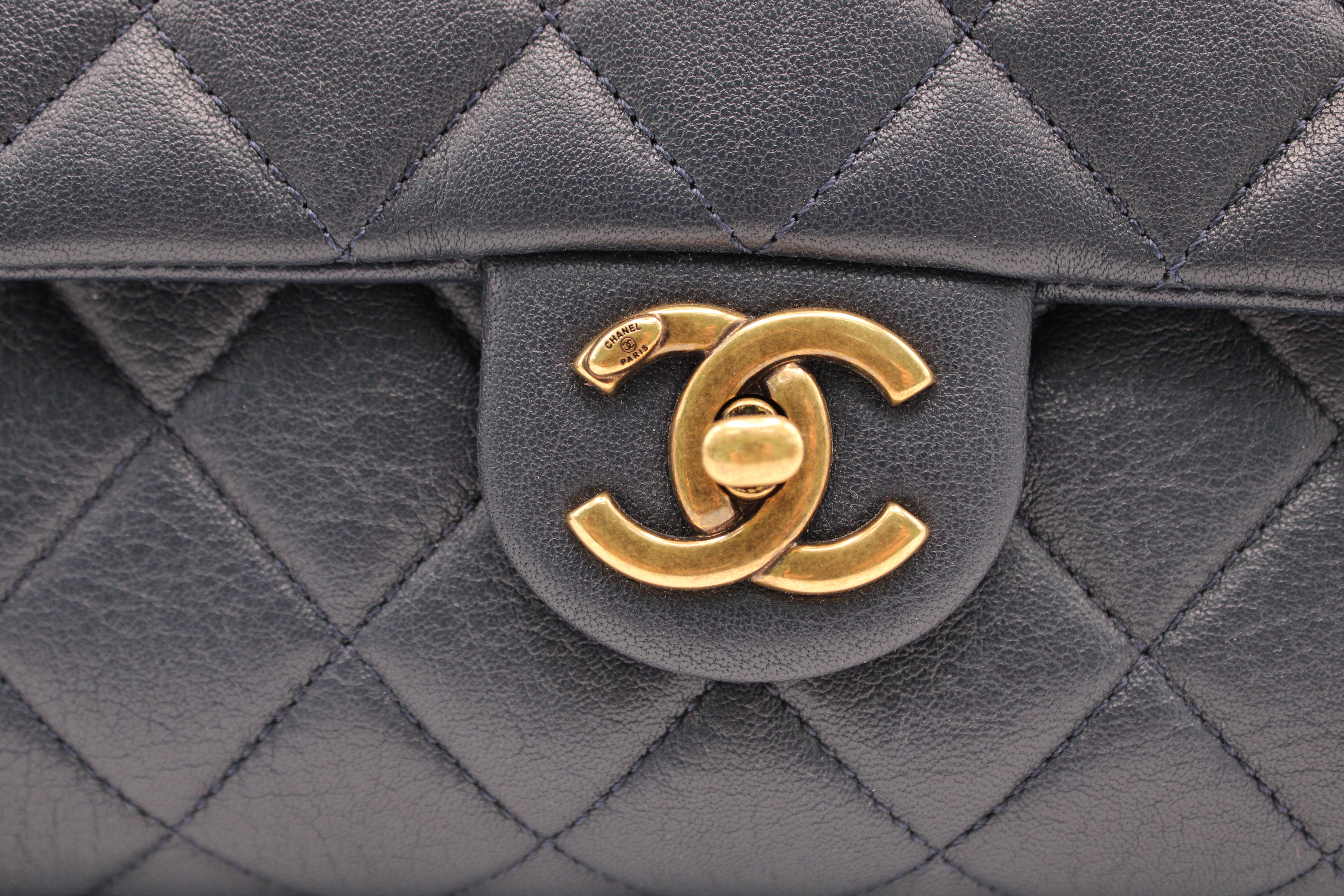 Chanel Small Trapezio Flap Bag Lambskin Quilted  Navy Blue Gold Chain With Removable Crossbody Strap