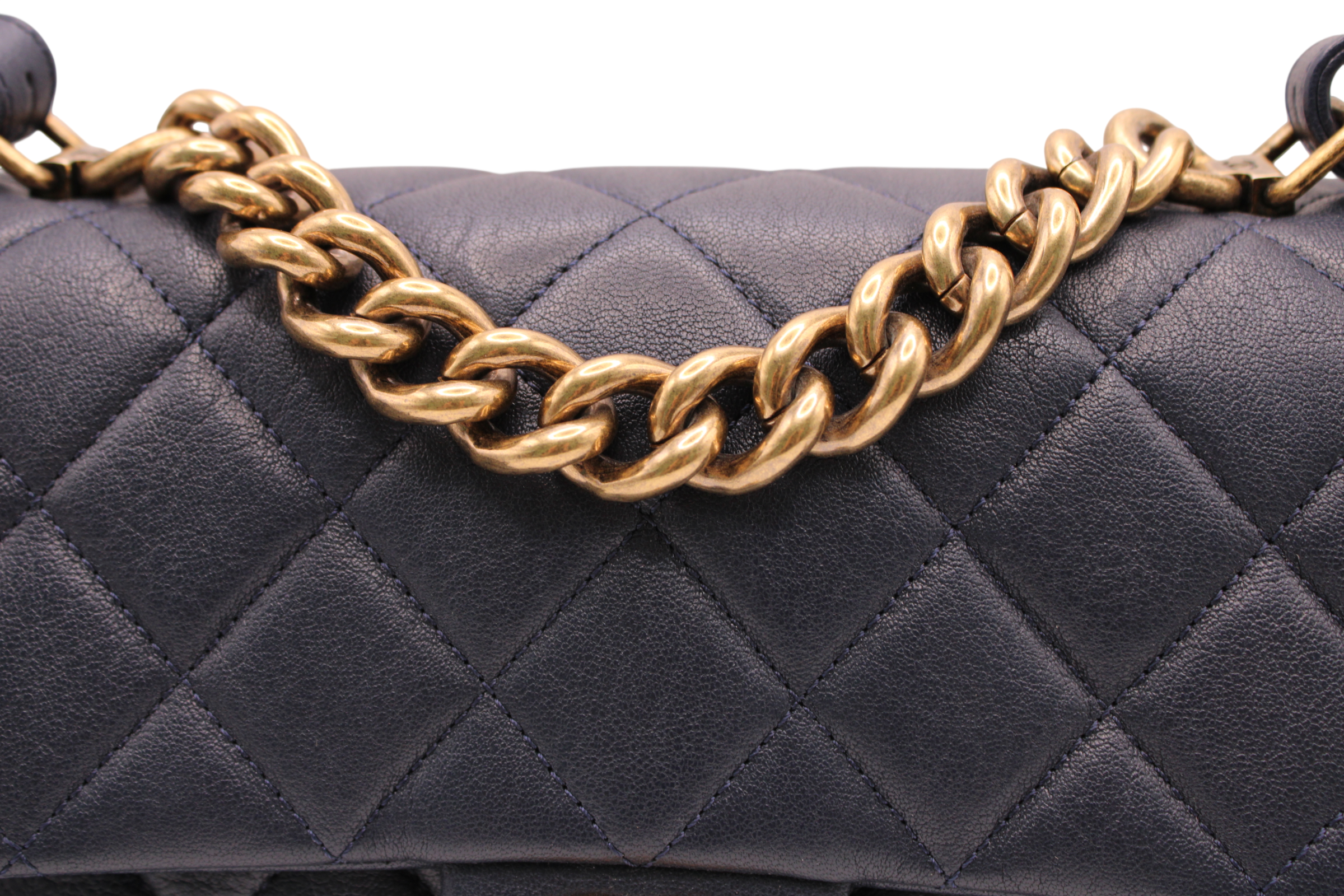 Chanel Small Trapezio Flap Bag Lambskin Quilted  Navy Blue Gold Chain With Removable Crossbody Strap