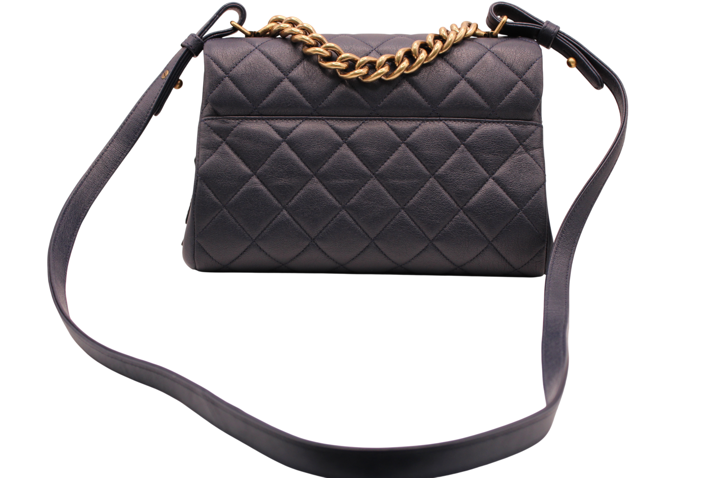 Chanel Small Trapezio Flap Bag Lambskin Quilted  Navy Blue Gold Chain With Removable Crossbody Strap