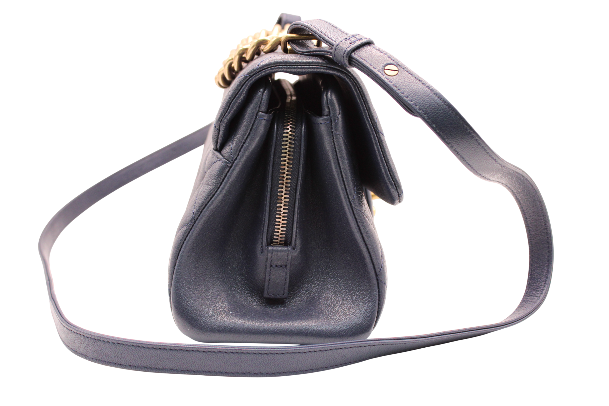 Chanel Small Trapezio Flap Bag Lambskin Quilted  Navy Blue Gold Chain With Removable Crossbody Strap