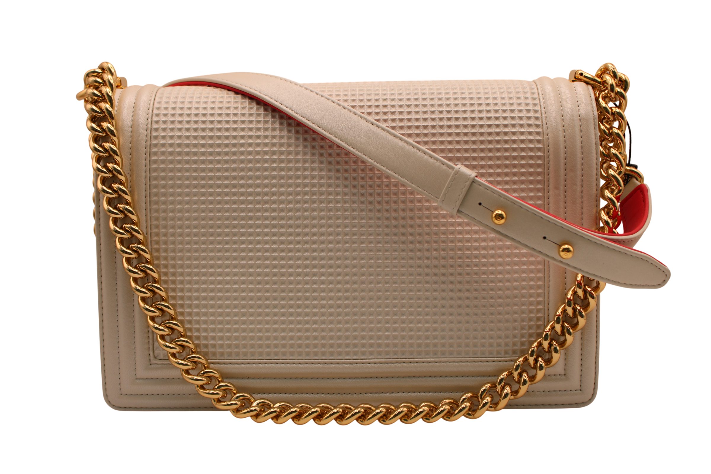 NWT Chanel Cube Medium Boy Bag Cream/Red Embossed Lambskin With Gold Hardware