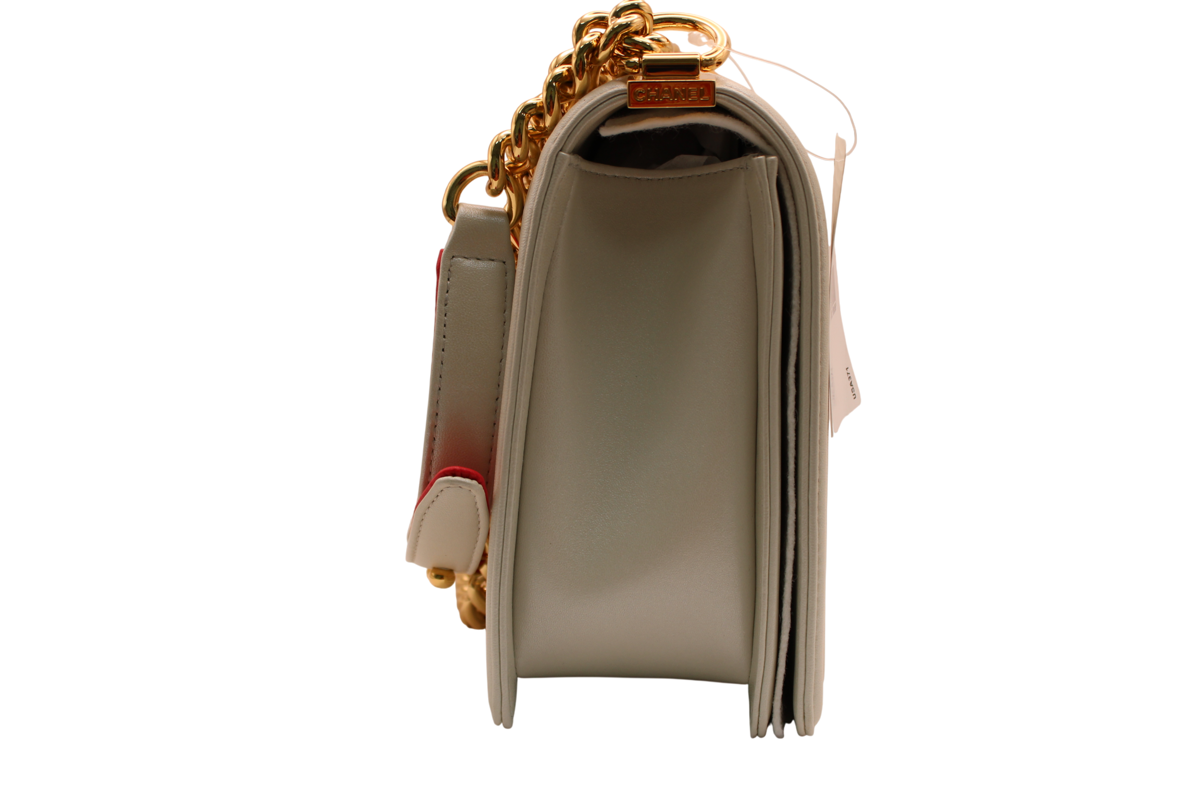NWT Chanel Cube Medium Boy Bag Cream/Red Embossed Lambskin With Gold Hardware