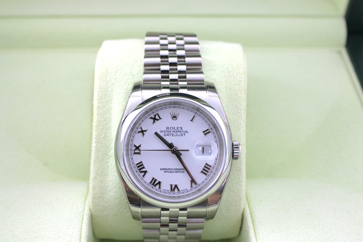 NOS STICKERED 2009 Rolex Datejust White Roman 116200 36mm Super Jubilee Watch With Box and Papers SKU: JMNGG0926587