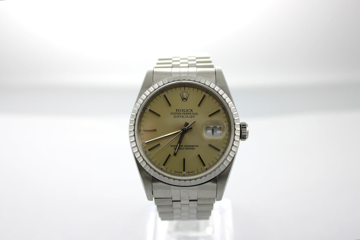 1991 Rolex Datejust 16220 Steel 36mm Yellow Patina Jubilee Watch  SKU: JVAGG0926492