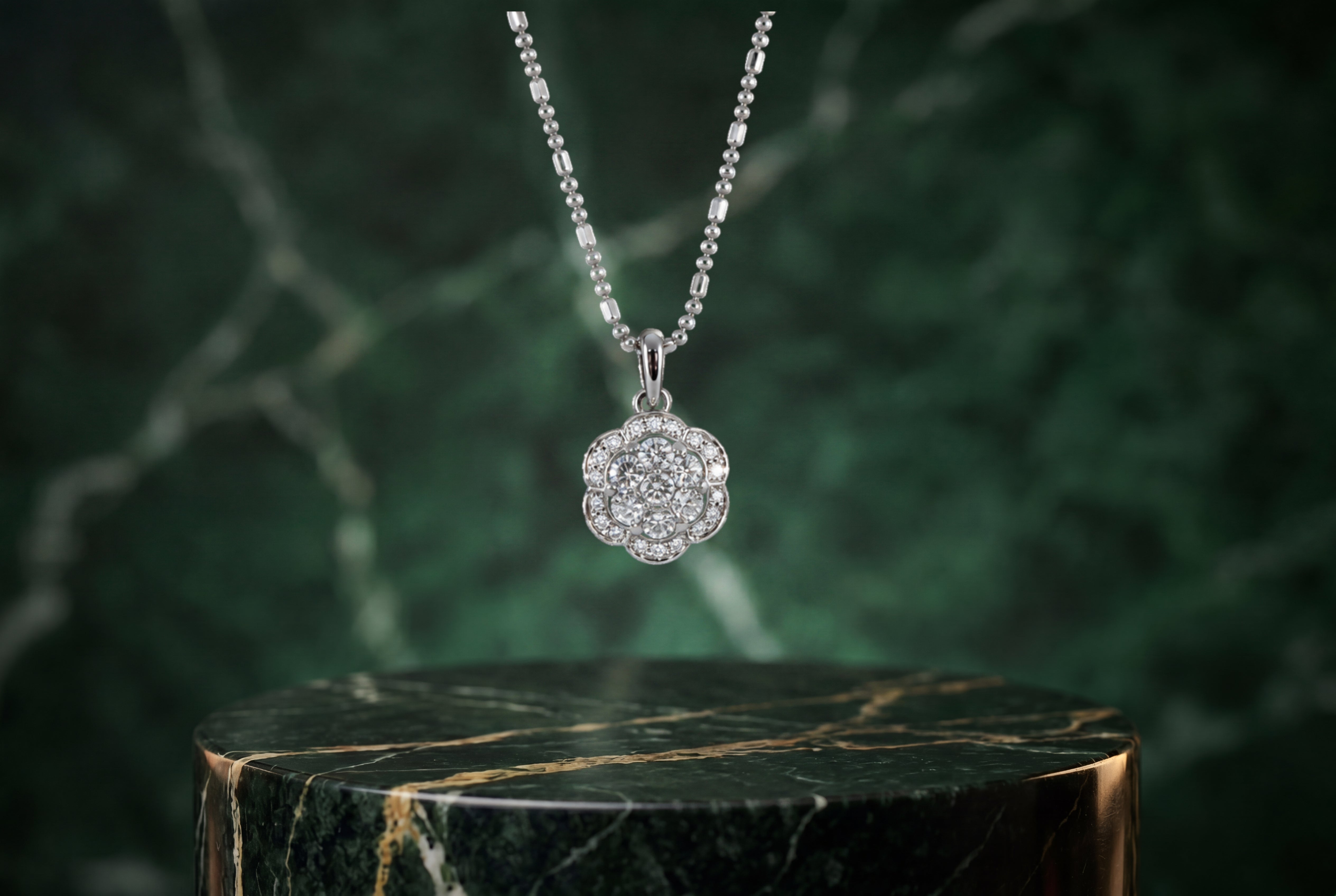 18K White Gold Diamond Flower Pendant 16 Inch Necklace 4.0 Grams