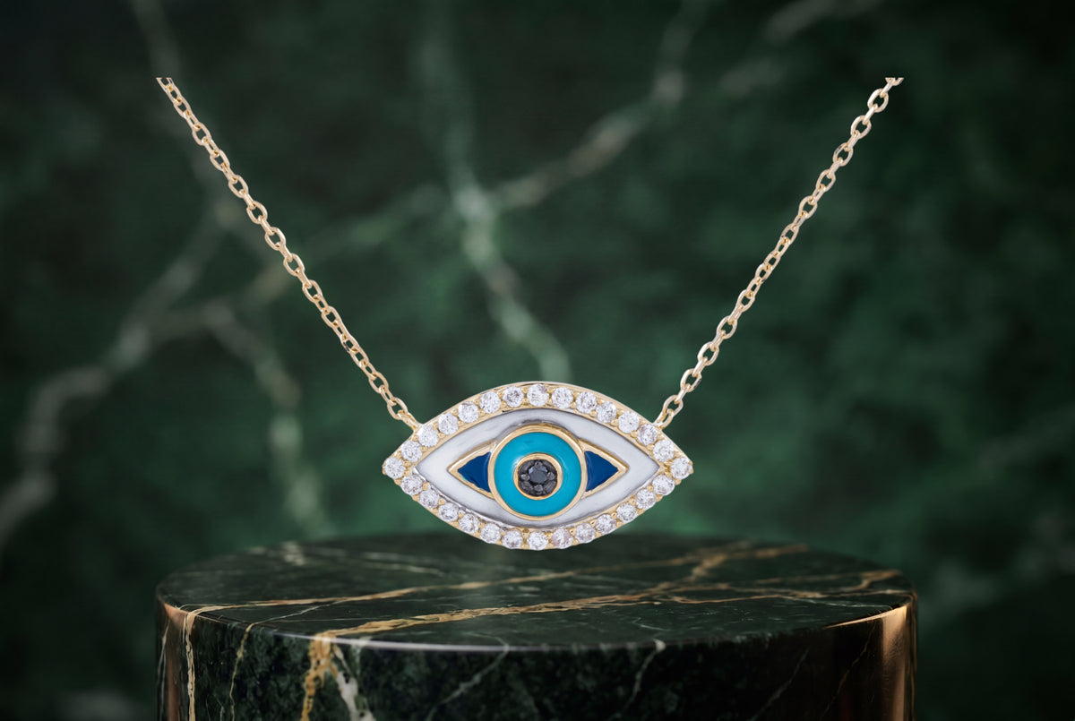 0.16 Carat Diamond 14K Yellow Gold Eye Necklace