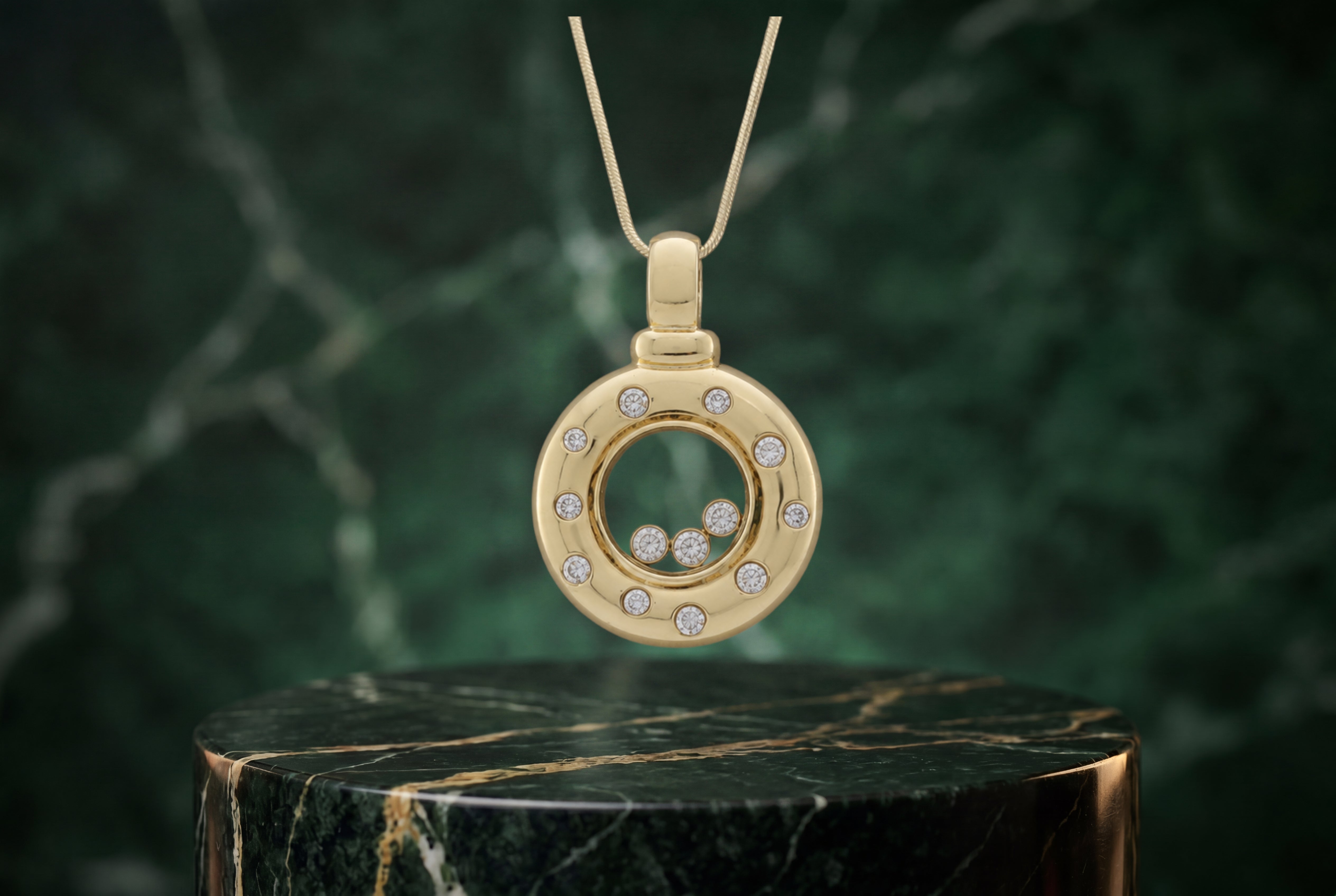 18K Chopard Floating 'Happy Diamonds' Yellow Gold Pendant and 16 Inch 14K Necklace 22.9 Grams