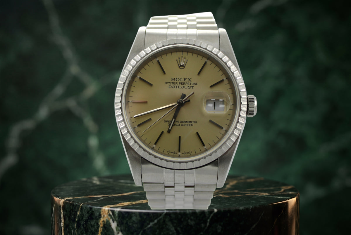 1991 Rolex Datejust 16220 Steel 36mm Yellow Patina Jubilee Watch  SKU: JVAGG0926492