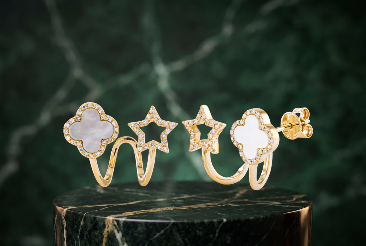 0.23 Carat Diamond White Mother of Pearl 14K Yellow Gold Earrings