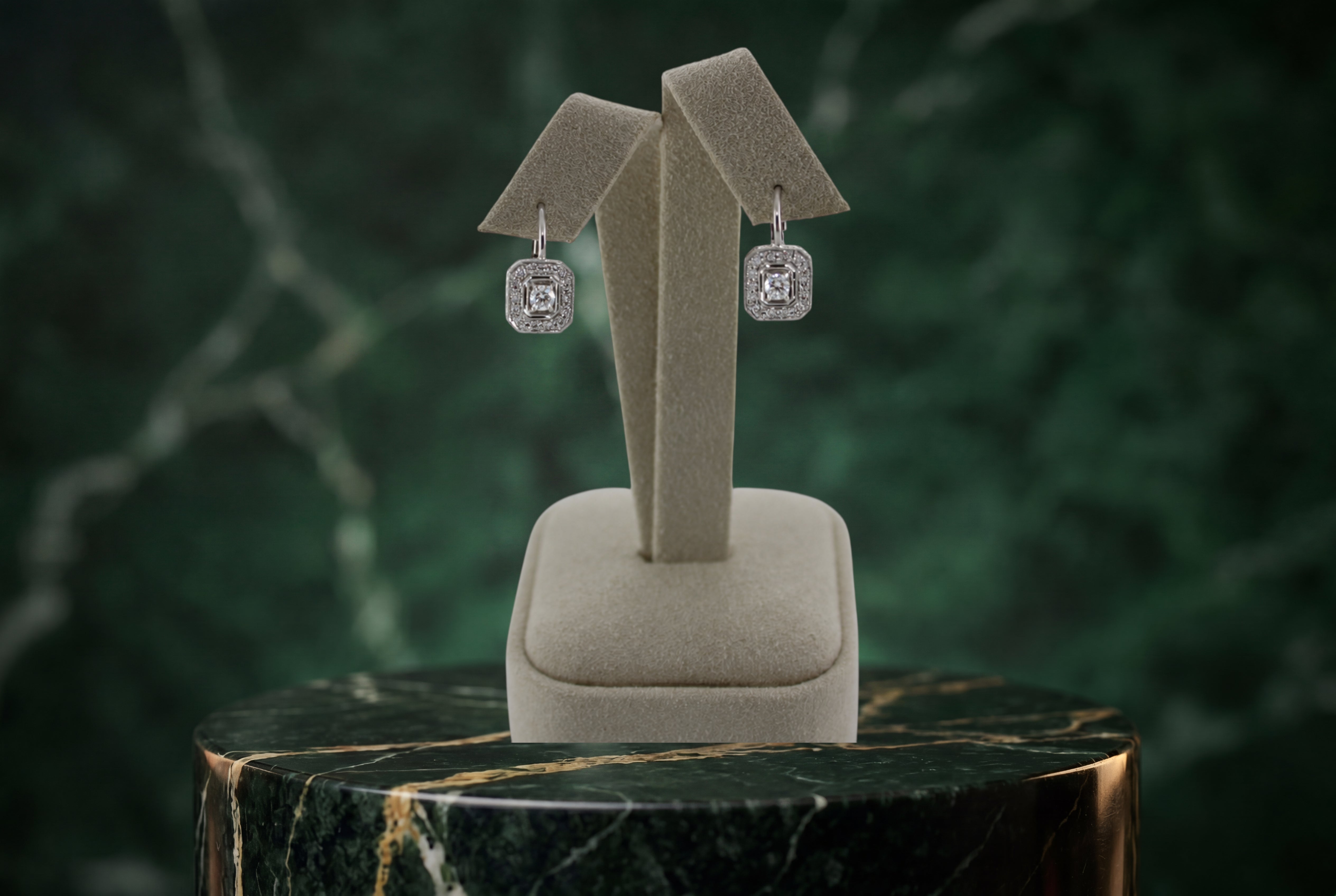 18K White Gold Rectangular Diamond Dangle Earrings 3.8 Grams