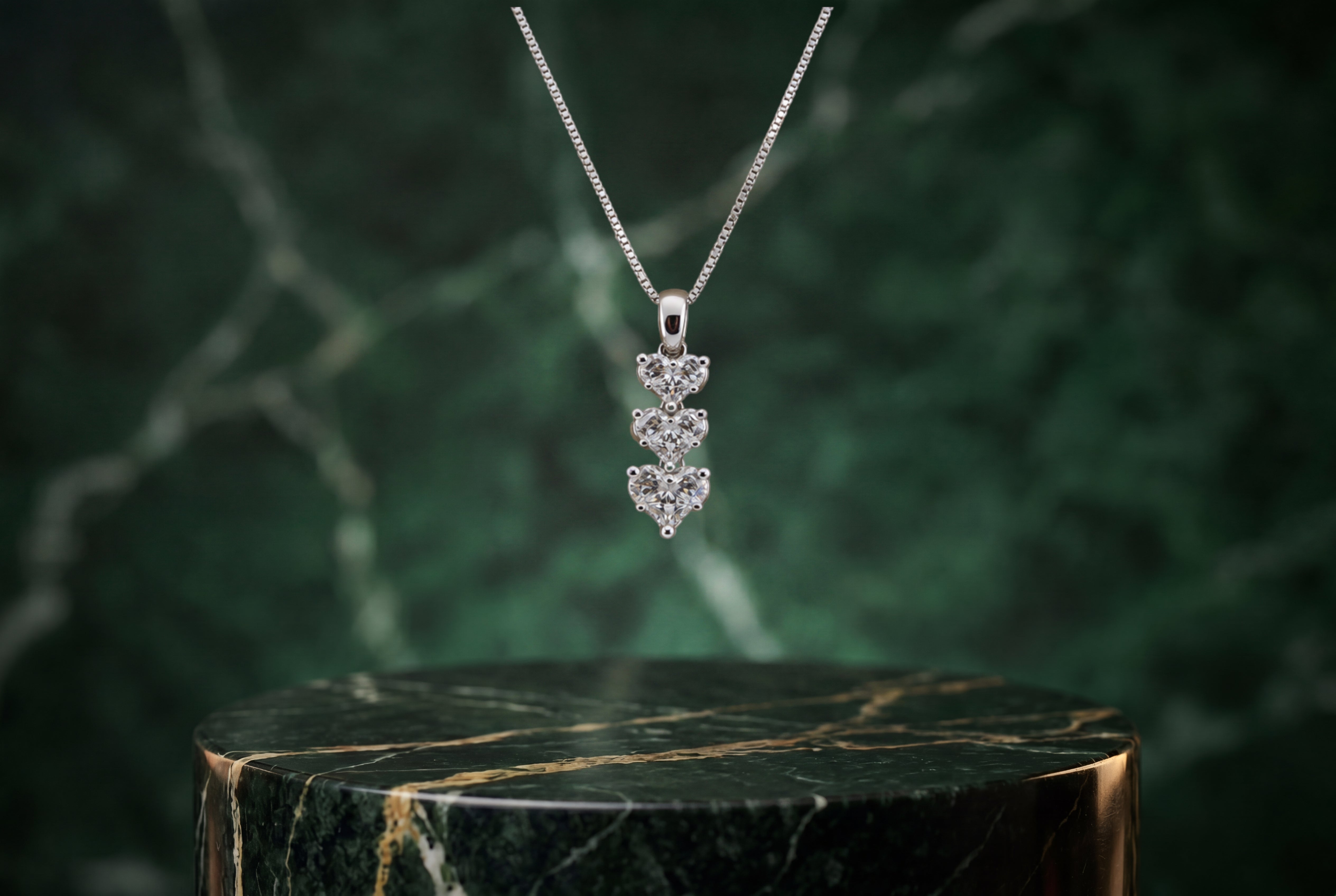 18K White Gold .69 Carat 3-Tier Diamond Heart Pendant and 14K 16 Inch Necklace 2.1 Grams