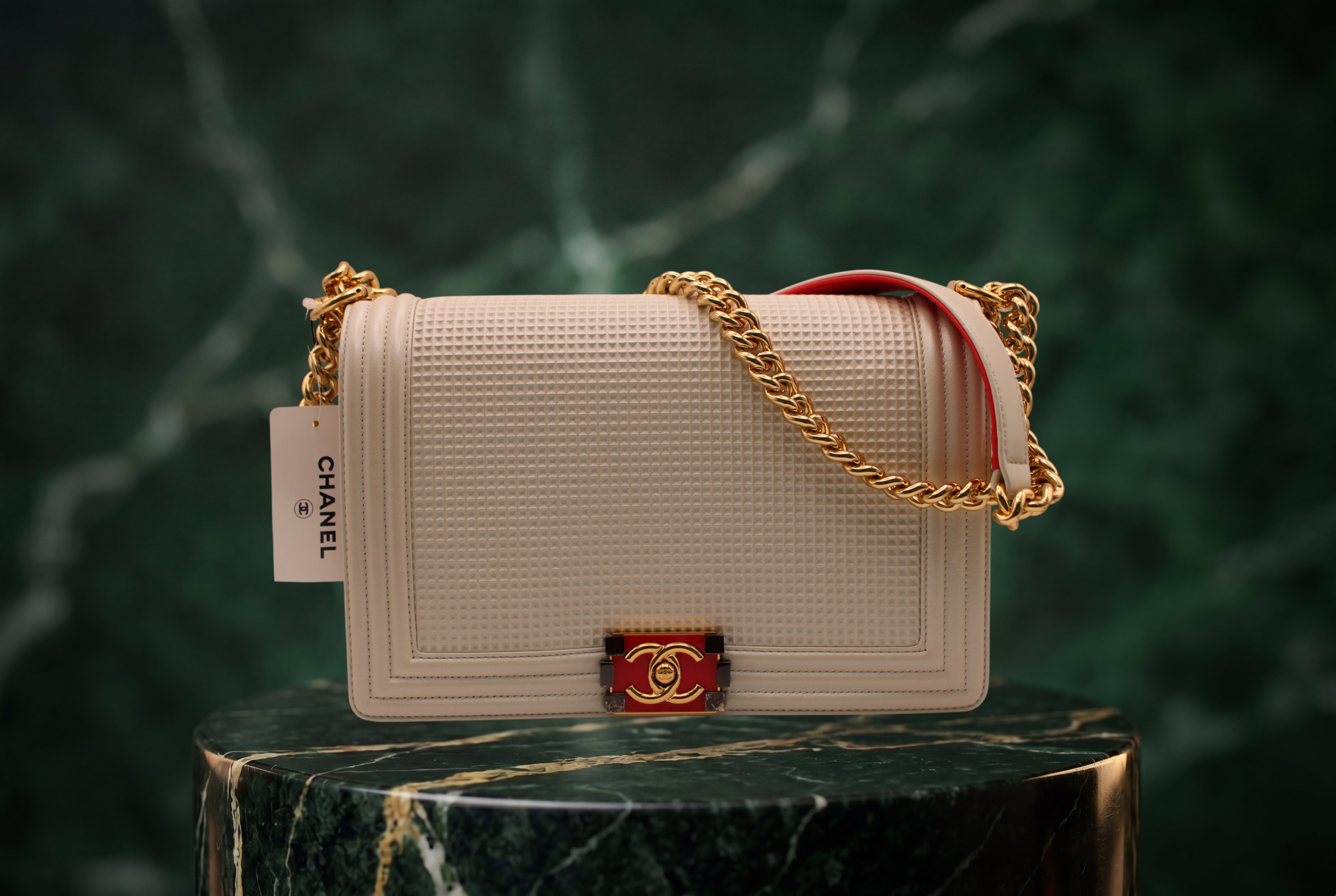 NWT Chanel Cube Medium Boy Bag Cream/Red Embossed Lambskin With Gold Hardware