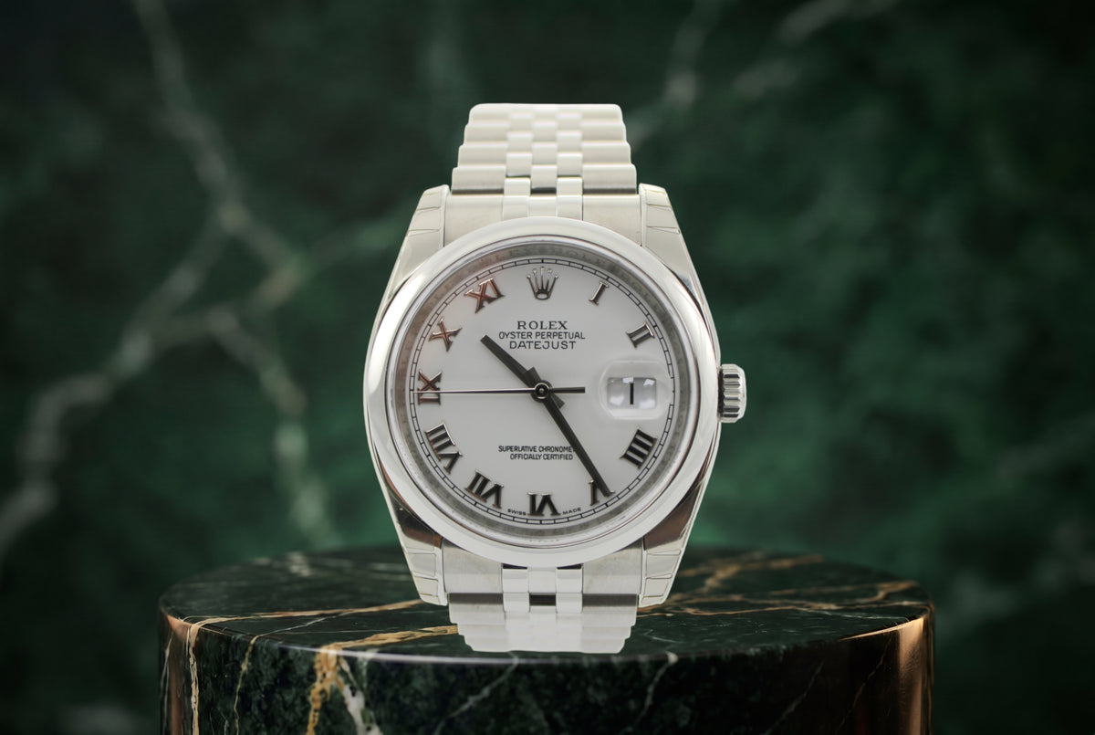 NOS STICKERED 2009 Rolex Datejust White Roman 116200 36mm Super Jubilee Watch With Box and Papers SKU: JMNGG0926587