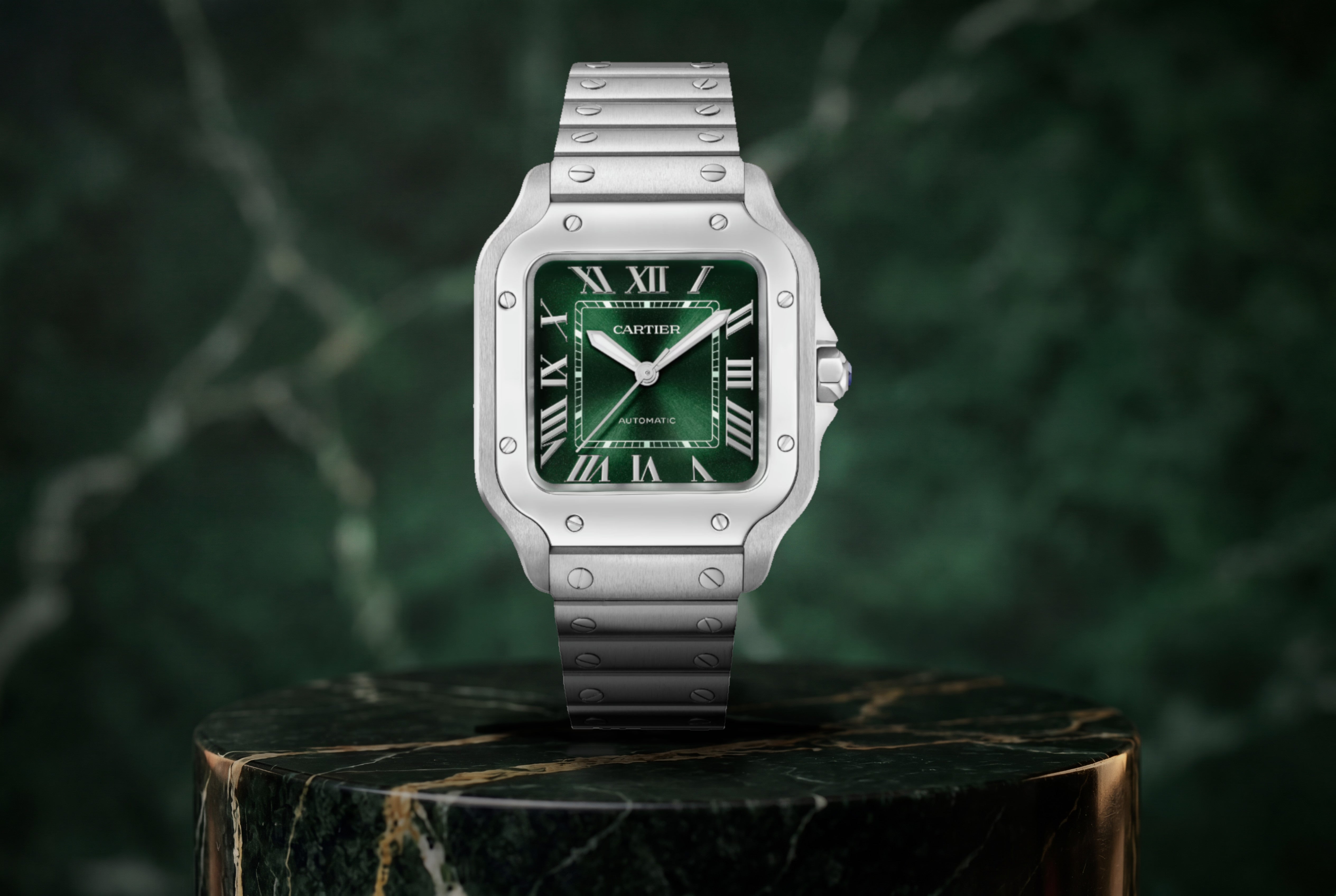 NEW STICKERED OCTOBER 2025 Cartier Santos Medium Green Stainless Steel  WSSA0061 35MM Watch With Box and Papers  SKU: JAGGG04264FY